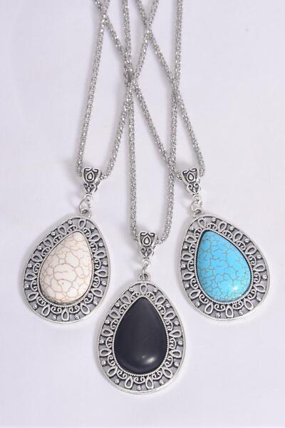 Necklace Silver Chain Metal Antique Teardrop Semiprecious Stone / 12 pcs = Dozen Pendant - 1.75" x 1.25" Wide , Chain-18" Extension Chain , 4 Ivory , 4 Black , 4 Turquoise Asst , Hang Tag & OPP Bag & UPC Code