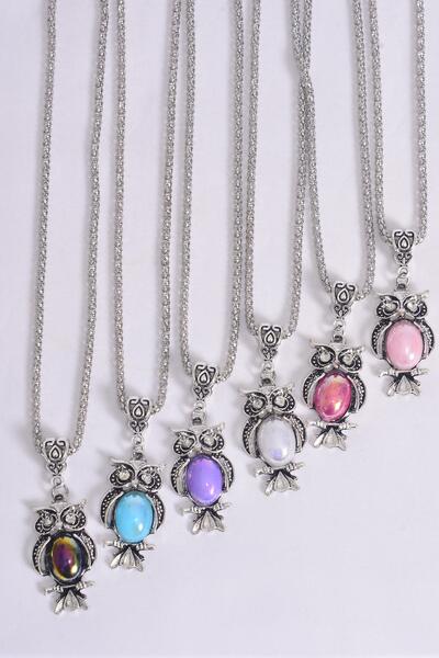 Necklace Silver Chain Metal Antique Silver Owl Poly Iridescent Multi / 12 pcs = Dozen Match 00031 26945 Owl Size - 1.5" Wide , 2 of each Design Asst , Hang Tag & OPP Bag & UPC Code