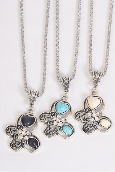 Necklace Silver Chain Metal Butterfly Antique Semiprecious Stone / 12 pcs = Dozen match 03092 Pendant Size - 1.25" x 1" Wide , Chain -18" Extension Chain , 4 Ivory , 4 Black , 4 Turquoise Asst , Hang Tag & OPP Bag & UPC Code