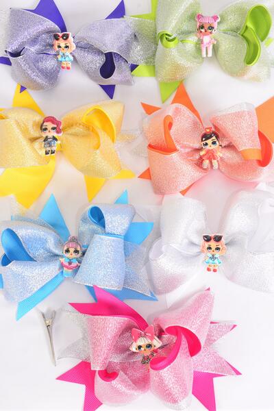 Hair Bow Jumbo Double Layered Metallic LOL Doll Charm Grosgrain Bow-tie Citrus / 12 pcs Bow = Dozen Alligator Clip , Size - 6" x 5" Wide , 2 White , 2 Yellow , 2 Blue , 2 Fuchsia , 2 Purple , 1 Orange , 1 Lime Color Asst , Clip Strip & UPC Code