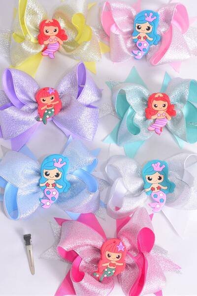Hair Bow Jumbo Double Layered Mermaid Charm Pastel Grosgrain Bow-tie / 12 pcs Bow = Dozen Alligator Clip , Size - 6" x 5" , 2 White , 2 Pink , 2 Hot Pink , 2 Lavender , 2 Mint Green , 1 Yellow , 1 Blue Color Asst , Clip Strip & UPC Code