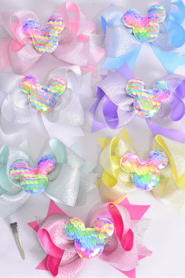 Hair Bow Jumbo Double Layered Center Flip Sequins Mouse Ear Charm Pastel Grosgrain Bow-tie / 12 pcs Bow = Dozen   Alligator Clip , Size - 6" x 5", 2 White , 2 Pink , 2 Lavender , 2 Blue , 2 Yellow , 1 Hot Pink , 1 Mint Color Asst , Clip Strip & UPC Code 
