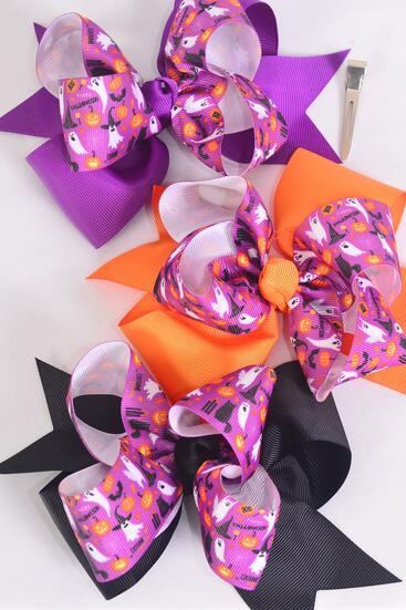 Hair Bow Jumbo Double Layered Halloween Ghost Pumpkin Cat Bat etc Web Cat Grosgrain Bow-tie / 12 pcs Bow = Dozen Alligator Clip , Size - 6" x 5" Wide , 4 Of Each Patter Asst , Clip Strip & UPC Code