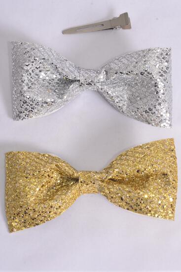 Hair Bow Metallic Gold Silver Asst / 12 pcs Bow = Dozen  Alligator Clip , Bow - 4" x 2" Wide , 6 Gold , 6 Silver Asst , Clip Strip & UPC Code