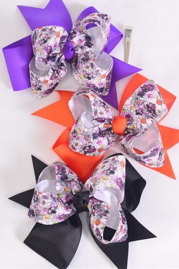 Hair Bow Jumbo Double Layered Halloween Bat Spider Web Grosgrain Bow-tie / 12 pcs Bow = Dozen Alligator Clip , Size - 6" x 5" Wide , 4 Of Each Patter Asst , Clip Strip & UPC Code