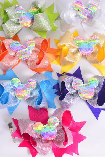 Hair Bow Jumbo Double Layered Center Flip Sequins Mouse Ear Charm Citrus Grosgrain Bow-tie / 12 pcs Bow = Dozen Alligator Clip , Size - 6" x 5" Wide , 2 Fuchsia , 2 Turquoise  ,2 White , 2 Purple , 2 Yellow , 1 Orange , 1 Lime Color Asst , Clip Strip & UPC Code