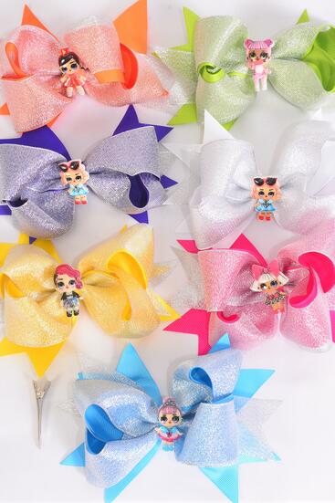 Hair Bow Jumbo Double Layered Metallic LOL Doll Charm Grosgrain Bow-tie Citrus / 12 pcs Bow = Dozen Alligator Clip , Size - 6" x 5" Wide , 2 White , 2 Yellow , 2 Blue , 2 Fuchsia , 2 Purple , 1 Orange , 1 Lime Color Asst , Clip Strip & UPC Code