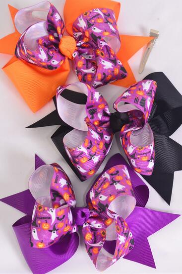Hair Bow Jumbo Double Layered Halloween Ghost Pumpkin Cat Bat etc Web Cat Grosgrain Bow-tie / 12 pcs Bow = Dozen Alligator Clip , Size - 6" x 5" Wide , 4 Of Each Patter Asst , Clip Strip & UPC Code