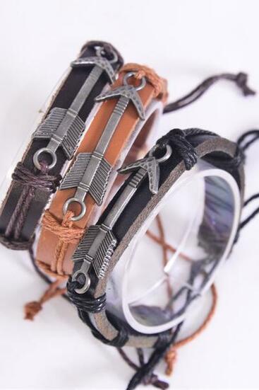 Bracelet Real Leather Band Arrow Western Like / 12 pcs = Dozen  Arrow , Unisex , Adjustable , 4 of each Pattern Asst , Individual Hang tag & OPP Bag & UPC Code