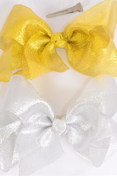 Hair Bow Jumbo Metallic Gold Silver Asst / 12 pcs Bow = Dozen Alligator Clip , Size - 6" x 5" Wide , 6 Gold , 6 Silver Asst , Clip Strip & UPC Code