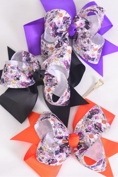 Hair Bow Jumbo Double Layered Halloween Bat Spider Web Grosgrain Bow-tie / 12 pcs Bow = Dozen Alligator Clip , Size - 6" x 5" Wide , 4 Of Each Patter Asst , Clip Strip & UPC Code