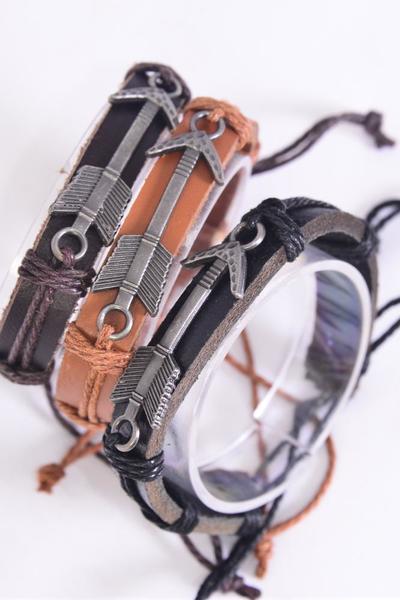 Bracelet Real Leather Band Arrow Western Like / 12 pcs = Dozen  Arrow , Unisex , Adjustable , 4 of each Pattern Asst , Individual Hang tag & OPP Bag & UPC Code