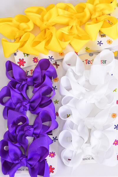 Hair Bows 48 pcs Grosgrain Bow-tie Purple White Yellow Mix /12 card = Dozen Alligator Clip , Bow Size - 3" x 2" Wide , 4 Purple , 4 White , 4 Yellow Color Asst , 4 pcs per card , 12 Card = Dozen
