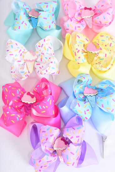Hair Bow Jumbo Double Layered Jimmies Sprinkles Ice Cream Charm Grosgrain Bow-tie /  12 pcs Bow = Dozen Alligator Clip , Size - 6" x 5", 2 White , 2 Baby Pink , 2 Lavender , 2 Hot Pink , 2 Mint Green , 1 Blue , 1 Yellow Color Asst , Clip Strip & UPC Code