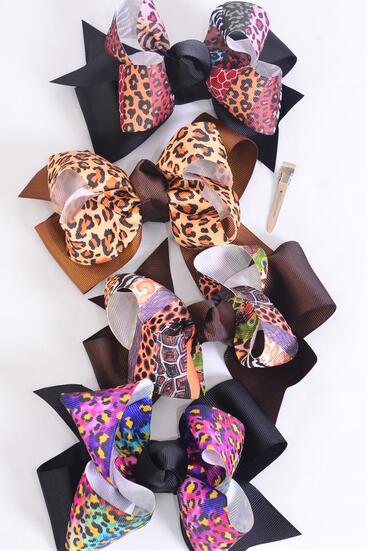 Hair Bow Jumbo Double Layered Leopard Mix Grosgrain Bow-tie / 12 pcs Bow = Dozen Leopard , Alligator Clip , Size - 6" x 5" Wide , 3 of each Pattern , Clip Strip & UPC Code