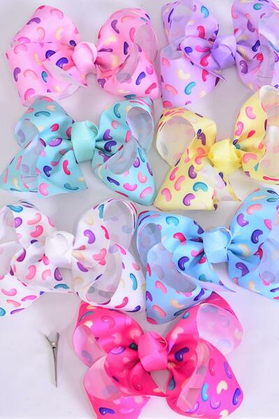 Hair Bow Jumbo Jelly Bean Candies Pastel Grosgrain Bow-tie / 12 pcs Bow = Dozen Alligator Clip , Size - 6" x 5" Wide , 2 White , 2 Pink , 2 Hot Pink , 2 Lavender , 2 Mint Green , 1 Yellow , 1 Blue Color Mix , Clip Strip & UPC Code