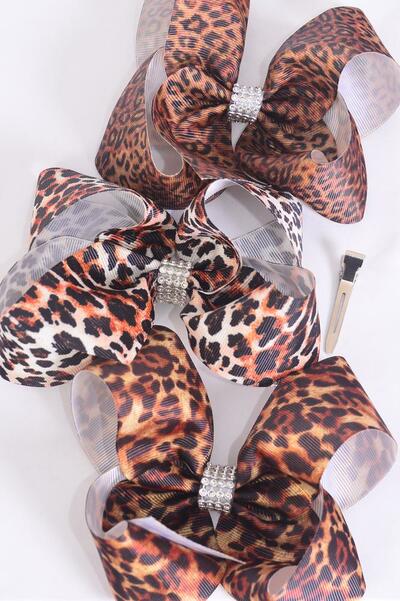 Hair Bow Jumbo Leopard Pattern Mix Grosgrain Bow-tie / 12 pcs Bow = Dozen Leopard , Alligator Clip , Size - 6" x 5" Wide , 4 of each Pattern , Clip Strip & UPC Code