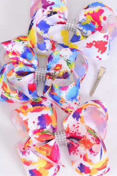 Hair Bow Jumbo Splatter Grosgrain Bow-tie / 12 pcs Bow = Dozen Splatter , Alligator Clip , Size - 6" x 5" Wide , 4 Of Each Pattern Asst , Hang Tag and UPC Code