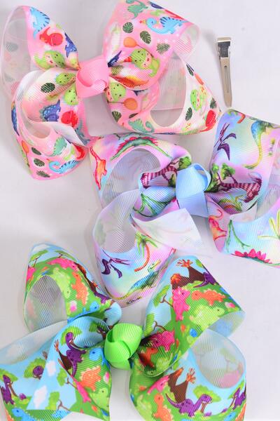 Hair Bow Jumbo Cute Baby Dinosaur Grosgrain Bow-tie Dino / 12 pcs Bow = Dozen Dino , Alligator Clip , Bow - 6" x 5" Wide , 4 of each Pattern Asst , Clip Strip & UPC Code