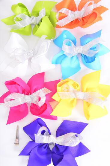 Hair Bow Jumbo Center Metallic Silver Bow-tie Grosgrain Bow Citrus / 12 pcs Bow = Dozen Alligator Clip , Size - 6" x 5" Wide , 2 Fuchsia , 2 Blue , 2 Yellow , 2 Purple , 2 White , 1 Lime , 1 Orange Color Mix , Clip Strip & UPC Code