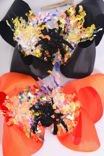 Hair Bow Jumbo Halloween Iridescent Center Spider Grosgrain Bow-tie / 12 pcs Bow = Dozen Alligator Clip , Size - 6" x 5" Wide , 6 of each Pattern Asst , Clip Strip & UPC Code
