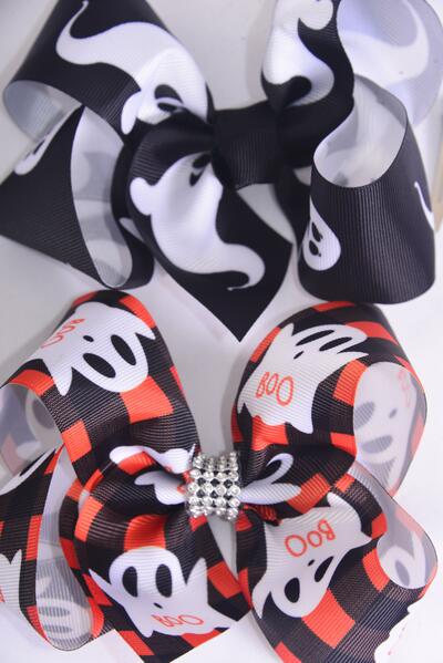 Hair Bow Jumbo Happy Halloween BOO Cute Ghost Mix Grosgrain Bow-tie / 12 pcs Bow = Dozen Alligator Clip , Size - 6" x 5" Wide , 6 Of each Pattern Mix , Clip Strip & UPC Code