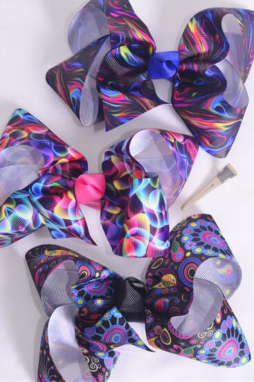 Hair Bow Jumbo Abstract Art Grosgrain Bow-tie / 12 pcs Bow = Dozen  Alligator Clip , Size - 6" x 5" Wide , 4 Of each Pattern Asst , Clip Strip & UPC Code