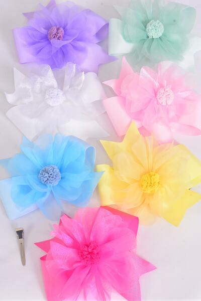 Hair Bow Double Layered Chiffon Center Pom Pom Ball Pastel Grosgrain Bow-tie / 12 pcs Bow = Dozen Alligator Clip , Size - 6" x 6", 2 White , 2 Baby Pink , 2 Lavender , 1Blue , 1Yellow , 2 Hot Pink , 2 Mint Green Color Asst , Clip Strip UPC Code