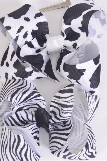 Hair Bow Jumbo Cow Zebra Pattern Mix Grosgrain Bow-tie / 12 pcs Bow = Dozen Alligator Clip , Size - 6" x 5" Wide , 6 Cow , 6 Zebra Pattern Mix , Clip Strip & UPC Code