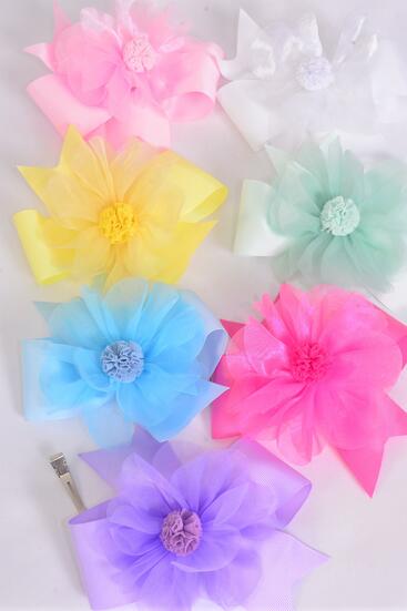Hair Bow Double Layered Chiffon Center Pom Pom Ball Pastel Grosgrain Bow-tie / 12 pcs Bow = Dozen Alligator Clip , Size - 6" x 6", 2 White , 2 Baby Pink , 2 Lavender , 1Blue , 1Yellow , 2 Hot Pink , 2 Mint Green Color Asst , Clip Strip UPC Code
