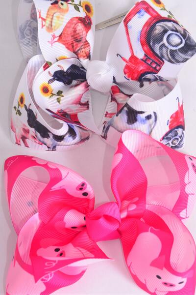 Hair Bow Jumbo Cute Farm Animals Cow Chicken Barn Piggy Horse Tractor Mix Grosgrain Bow-tie / 12 pcs Bow = Dozen Alligator Clip , Size - 6" x 5" Wide , 6 of each Pattern Asst , Clip Strip & UPC Code