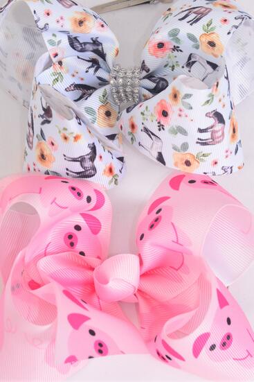 Hair Bow Jumbo Cute Farm Animals Piggy Horse Mix Grosgrain Bow-tie / 12 pcs Bow = Dozen Alligator Clip , Size - 6" x 5" Wide , 6 of each Pattern Asst , Clip Strip & UPC Code