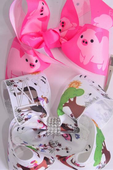 Hair Bow Jumbo Cute Farm Animals Barn Piggy Horse Mix Grosgrain Bow-tie / 12 pcs Bow = Dozen Alligator Clip , Size - 6" x 5" Wide , 6 of each Pattern Asst , Clip Strip & UPC Code