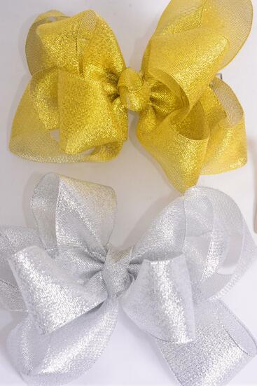 Hair Bow Jumbo Double Layered Metallic Gold Silver Mix / 12 pcs Bow = Dozen Alligator Clip , Size - 6" x 5" Wide , 6 Gold , 6 Silver Color Asst , Clip Strip & UPC Code