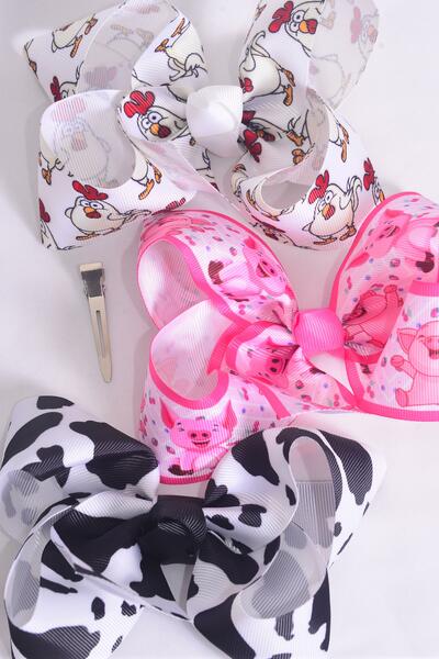 Hair Bow Jumbo Farm Cute Chicken Cow Piggy Pattern Mix Grosgrain Bow-tie / 12 pcs Bow = Dozen Alligator Clip , Size - 6" x 5" Wide , 4 of each Pattern Asst , Clip Strip & UPC Code