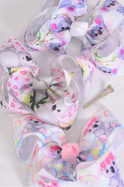 Hair Bow Jumbo koala Bear Asst Grosgrain Bow-tie / Dozen Koala Bear , Alligator Clip , Size - 6" x 5" Wide , 4 Of Each Pattern Asst , Clip Strip & UPC Code