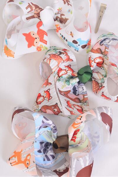 Hair Bow Jumbo Forest Animal Friends Grosgrain Bow-tie /  12 pcs Bow = Dozen  Alligator Clip , Size - 6" x 5" Wide , 4 Of Each Pattern Asst , Clip Strip & UPC Code