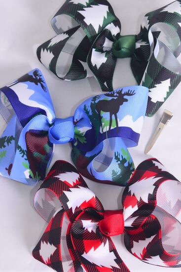 Hair Bow Jumbo Plaid Alpine Tree Wildlife Mix Grosgrain Bow-tie / 12 pcs Bow = Dozen Alligator Clip , Size - 6" x 5" Wide , 4 Of Each Pattern Asst , Clip Strip & UPC Code