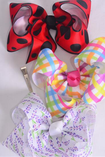Hair Bow Jumbo Lavender Plaid Ladybug Mix Grosgrain Bow-tie / 12 pcs Bow = Dozen Alligator Clip , Size - 6" x 5" Wide , 4 Of Each Pattern Asst , Clip Strip & UPC Code