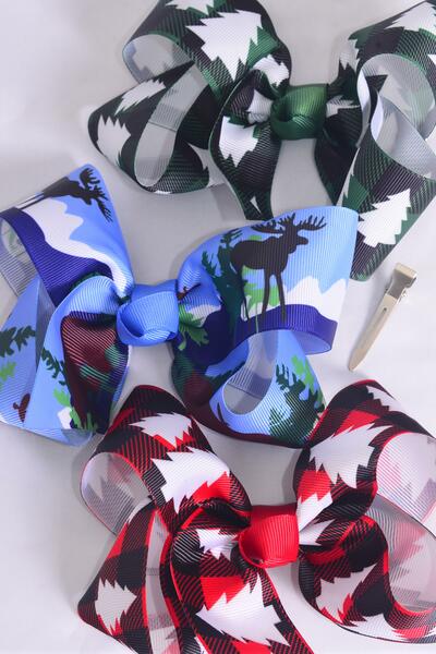 Hair Bow Jumbo Plaid Alpine Tree Wildlife Mix Grosgrain Bow-tie / 12 pcs Bow = Dozen Alligator Clip , Size - 6" x 5" Wide , 4 Of Each Pattern Asst , Clip Strip & UPC Code