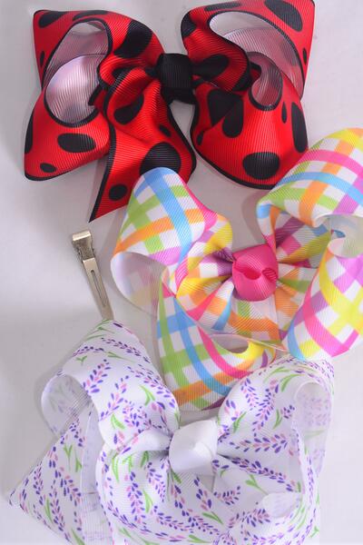 Hair Bow Jumbo Lavender Plaid Ladybug Mix Grosgrain Bow-tie / 12 pcs Bow = Dozen Alligator Clip , Size - 6" x 5" Wide , 4 Of Each Pattern Asst , Clip Strip & UPC Code