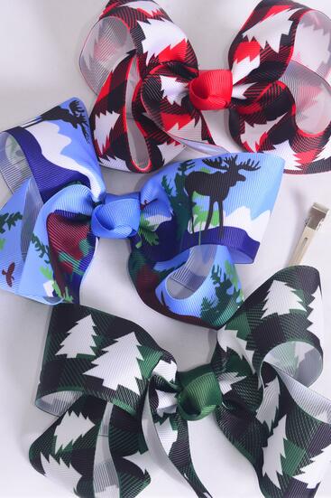 Hair Bow Jumbo Plaid Alpine Tree Wildlife Mix Grosgrain Bow-tie / 12 pcs Bow = Dozen Alligator Clip , Size - 6" x 5" Wide , 4 Of Each Pattern Asst , Clip Strip & UPC Code