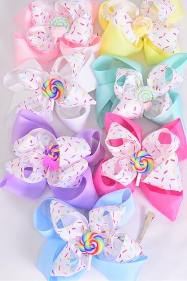 Hair Bow Jumbo Double Layered Jimmies Sprinkles Lollipop Charm Grosgrain Bow-tie / 12 pcs Bow = Dozen Alligator Clip , Size - 6" x 5", 2 White , 2 Baby Pink , 2 Lavender, 2 Hot Pink , 2 Mint Green , 1 Blue , 1 Yellow Color Asst , Clip Strip & UPC Code