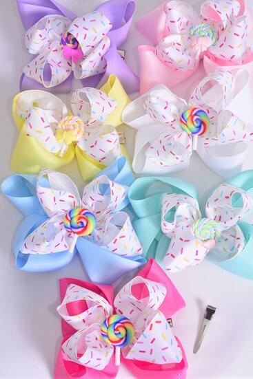 Hair Bow Jumbo Double Layered Jimmies Sprinkles Lollipop Charm Grosgrain Bow-tie / 12 pcs Bow = Dozen Alligator Clip , Size - 6" x 5", 2 White , 2 Baby Pink , 2 Lavender, 2 Hot Pink , 2 Mint Green , 1 Blue , 1 Yellow Color Asst , Clip Strip & UPC Code