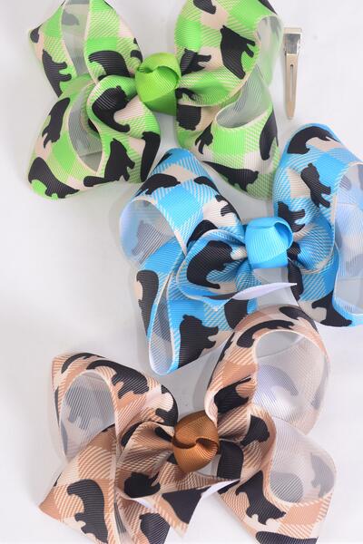 Hair Bow Jumbo Plaid Black Bear Wildlife Grosgrain Bow-tie / 12 pcs Bow = Dozen Black Bear , Alligator Clip , Size - 6" x 5" Wide , 4 Of Each Pattern Asst , Clip Strip & UPC Code