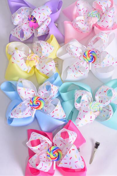 Hair Bow Jumbo Double Layered Jimmies Sprinkles Lollipop Charm Grosgrain Bow-tie / 12 pcs Bow = Dozen Alligator Clip , Size - 6" x 5", 2 White , 2 Baby Pink , 2 Lavender, 2 Hot Pink , 2 Mint Green , 1 Blue , 1 Yellow Color Asst , Clip Strip & UPC Code