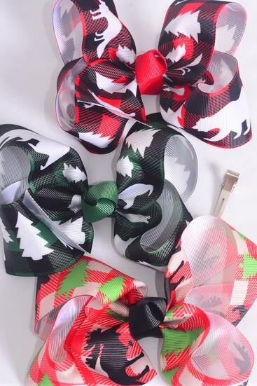 Hair Bow Jumbo Plaid Moose Deer Bear Wolf Etc Wildlife Mix Grosgrain Bow-tie / 12 pcs Bow = Dozen Alligator Clip , Size - 6" x 5" Wide , 4 Of Each Pattern Asst , Clip Strip & UPC Code