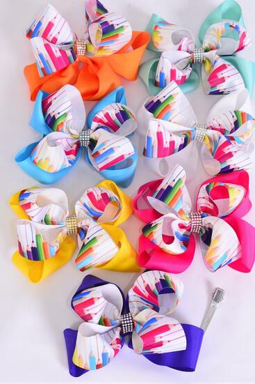 Hair Bow Jumbo Color Pencil Back to school Etc Grosgrain Bow-tie Multi / 12 pcs Bow = Dozen Alligator Clip , Size - 6" x 5" Wide , 2 White , 2 Fuchsia , 2 Purple , 2 Yellow , 2 Blue , 1 Lime , 1 Orange Color Asst , Clip Strip and UPC Code