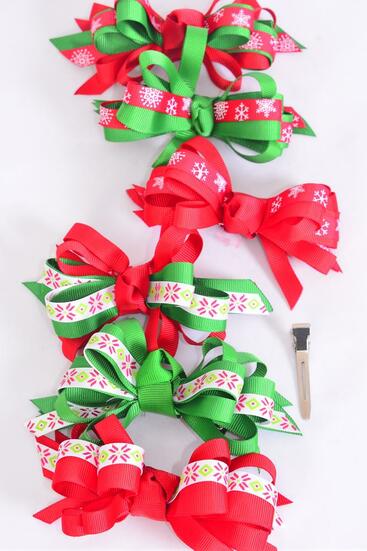 Hair Bow Large Christmas Loop Bow Snowflake Mix Grosgrain Bow / 12 pcs Bow = Dozen  Snowflake , Alligator Clip , Bow Size - 4.5" x 3.5" , 2 of each Pattern Asst , Display Card & UPC Code , W Clear Box