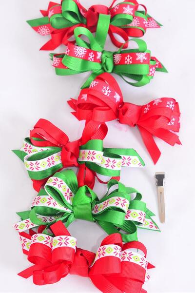 Hair Bow Large Christmas Loop Bow Snowflake Mix Grosgrain Bow / 12 pcs Bow = Dozen  Snowflake , Alligator Clip , Bow Size - 4.5" x 3.5" , 2 of each Pattern Asst , Display Card & UPC Code , W Clear Box